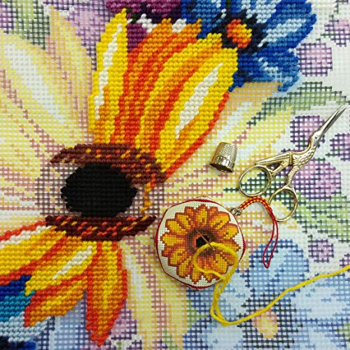 Brvsk Floral Needlepoint Kit for Adults and Beginners — Sunflower Among Flowers 16″ × 16″ with Clear, Precise Printed Design on Cotton Canvas; Includes 2 Needles, Yarn, and Easy-Read Chart