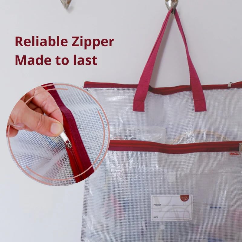 Madam Sew Project Bag - Craft Bag Organizer Tote with Handles, Two Pockets, See-Through Mesh, and Card Slot – Perfect for Quilting, Knitting, Stitching and Embroidery Projects Storage - 16”x16” - color: Light Pink
