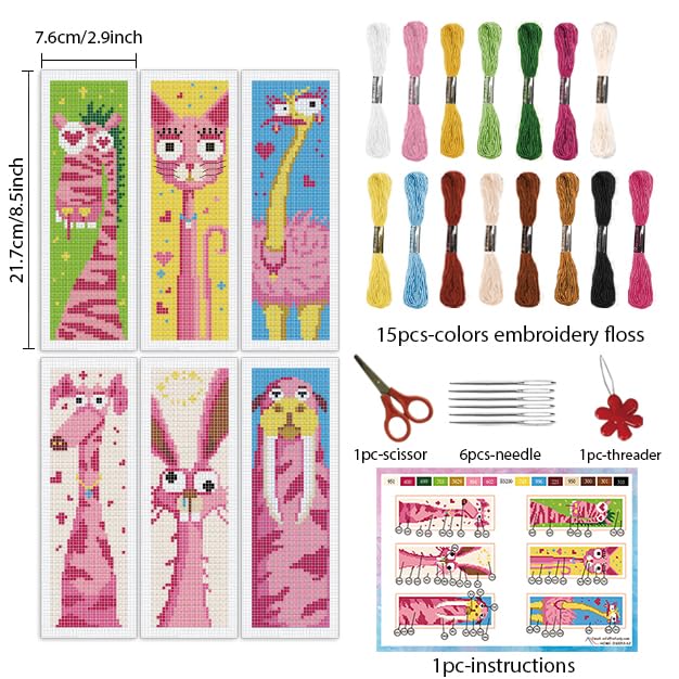 INFUNLY 6pcs Abstract Animal DIY Cross Stitch Bookmark Kits for Beginners Pink Theme Cross Stitch Kit with Instruction Bunny Cat Dog Stamped Embroidery Bookmark Kit for Book Lovers Readers Gift - style: 6pcs Abstract Animal