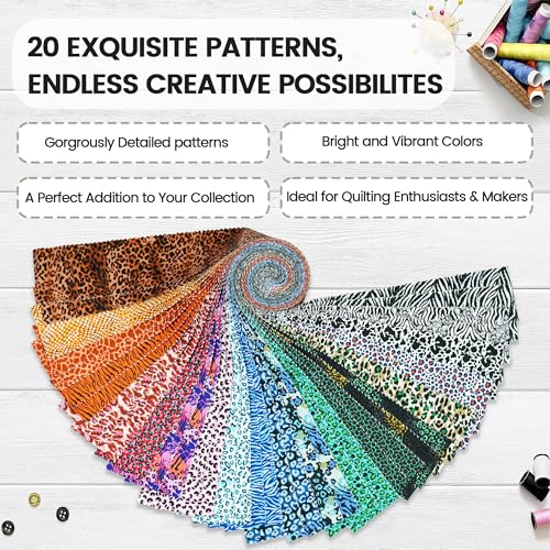 Craftido-20 Options-100% Cotton Jelly Roll Fabric Precut Strips for Quilting, Crafting, and Sewing, 40 Strips 2.5" x 44" Assorted Bundles for Rug, Quilt Project, DIY Craft and Home Decor-Fancy Animal - color: Fancy Animal