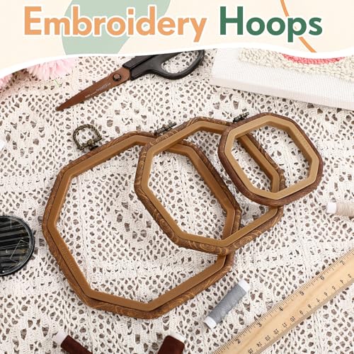 BrightRow 6 Pcs Large Embroidery Hoop Set Decorative Imitated Wood Display Frame Cross Stitch Hoop Ring for Art Craft DIY Sewing and Hanging Ornaments Decor (Octagonal,10+13.9+18.5 cm) - size: 10+13.9+18.5 cm, style: Octagonal