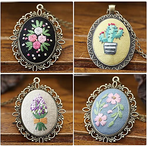 ZOCONE 4 Packs Embroidery Necklace Kits, Embroidery Pendant Kit Mini Cross Stitch Kit with Hoop, Necklace, Pendant, Stamped Pattern Cloth, Instructions, etc. Embroidery Kits for Adults - color: 4 Packs-D