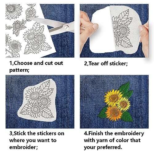 BENECREAT 4 Sheets 70PCS Stick and Stitch Embroidery Paper, Sunflower and Flower Theme Stabilizer Water Soluble Hand Sewing for Carves, Shirts, Coats, Bags, Towels - color: Sunflower and Flower