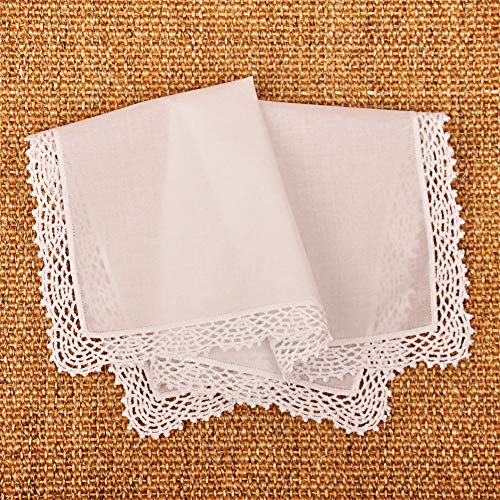 Milesky White Wedding Handkerchief Pure Cotton, Soft Ladies Hanky with Crochet Lace - color: Ch01