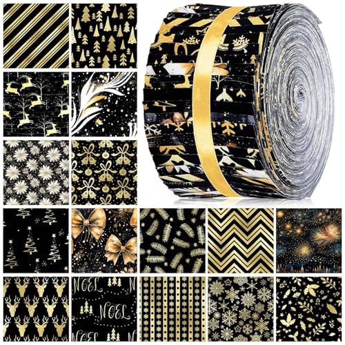 Hosuly 40 Pcs Black Gold Christmas Fabric Jelly Cotton Strips for Quilting - color: Black Gold Christmas