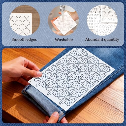 50 Pcs Sashiko Stencil Kit, 7.9 X 5.9 Inch Plastic Embroidery Stencils, Geometric Sashiko Pattern, Embroidery Templates for Sewing Hand Quilting - color: Needle and Pen-Color1