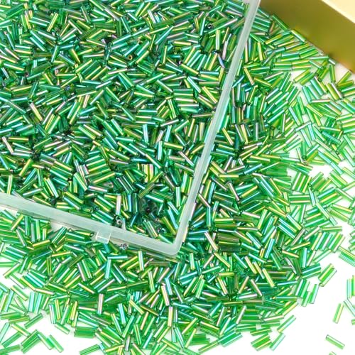 4000 Pcs Oil Slick Green Glass Bugle Beads, 2 x 7 mm Embroidery Beads, Small Long Tube Seed Beads for Embroidery Craft Jewelry Making - color: Oil Slick Green