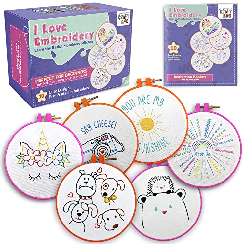Embroidery Kit for Kids Ages 7-13 - 10 Pre-Stamped Beginner Patterns - color: 10 Embroidery kit