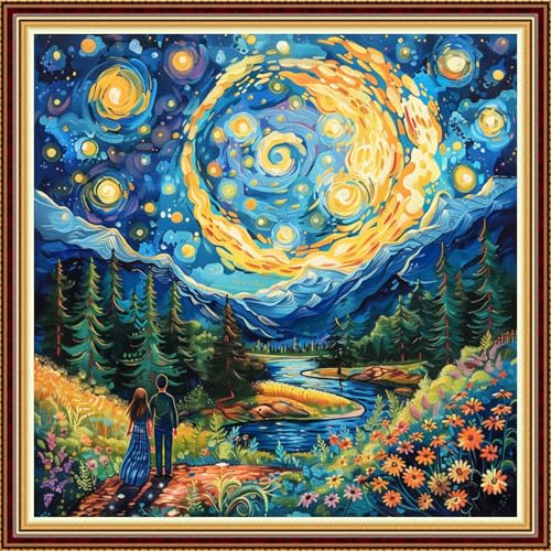 Fanxvivy Stamped Counted Cross Stitch Kits for Adults Printed Cross-Stitch Patterns 11CT Stamped or Counted Cross Stitching Embroidery Kit Needlepoint Kits-Van Gogh Couple Under Starry Sky 18x18 inch - color: Artkits34