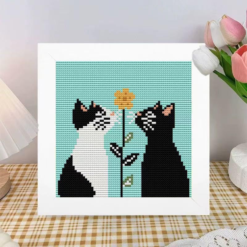 Tiwabb Cat Flower Stamped Cross Stitch Kits for Adults Beginners with Frame - color: Cat Cross Stitch with Frame