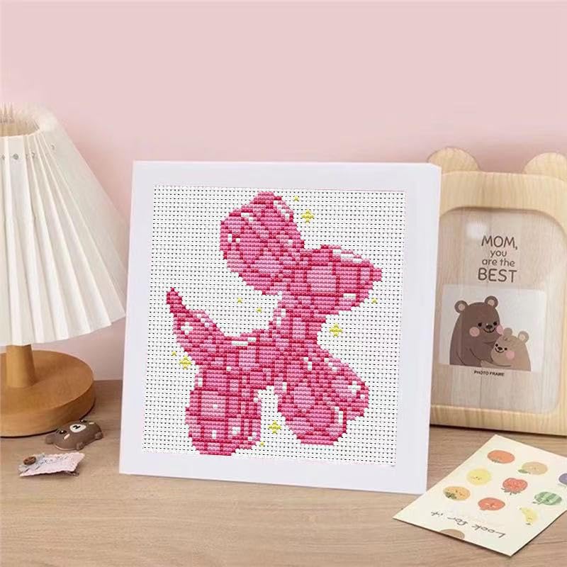 Tiwabb Pink Dog Stamped Cross Stitch Kits for Adults Beginners with Frame - color: Dog Cross Stitch with Frame