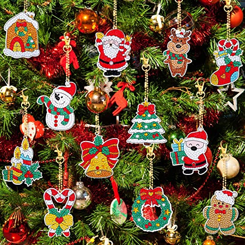 Junkin 12 Pcs Christmas Diamond Art Painting Keychain Ornaments 5d, Cute