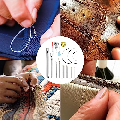 FIVEIZERO Heavy Duty Hand Sewing Needles Set - Large Eye Leather Sewing Needles for Hand Stitching,Upholstery, Carpet,and Canvas Repair, Including Curved Sewing Needles and Needle Threaders