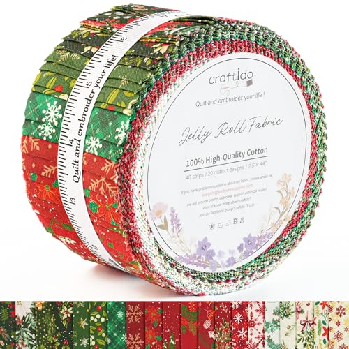 Craftido-20 Options-100% Cotton Jelly Roll Fabric Precut Strips for Quilting, Crafting, and Sewing, 40 Strips 2.5" x 44" Assorted Bundles for Rugs, Quilts, DIY Crafts and Home Decor-Winter Christmas - color: Winter Christmas
