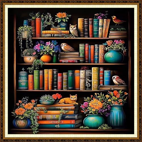 Redxing Counted Cross Stitch Kit for Beginners,Unprinted Needlepoint Kits for Beginners Cross Stitching Embroidery Kit 11CT Stitches kit-Bookshelf Flowers 18x18 inch - color: KitColors10