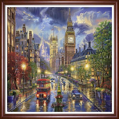 Redxing Stamped Cross Stitch Kits Full Range of Embroidery Starter Kits- Needlepoint Counted Cross Stitch Kits for Beginner Adults 11CT Printed Embroidery Kit-New York Street Scene 18x18 inchs - color: DIYArtsKit09