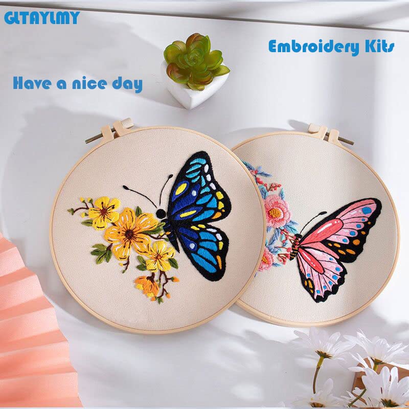 GLTAYLMY 3 Pack Embroidery Kits with Butterfly Pattern for Beginner Adults,Cross Stitch Kits with 1 Plastic Embroidery Hoops,Needles and Color Threads,Needlepoint Kit for Adults - color: Butterfly
