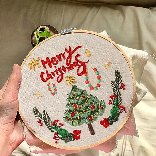 4 Sets Christmas Embroidery Starter Kit with Pattern for Beginners,Merry Christmas Embroidery Kit Ornaments, DIY Cross Stitch Set with 4 Plastic Embroidery Hoops,Color Threads,Tools and Instructions - color: Xmas White Beige Blue
