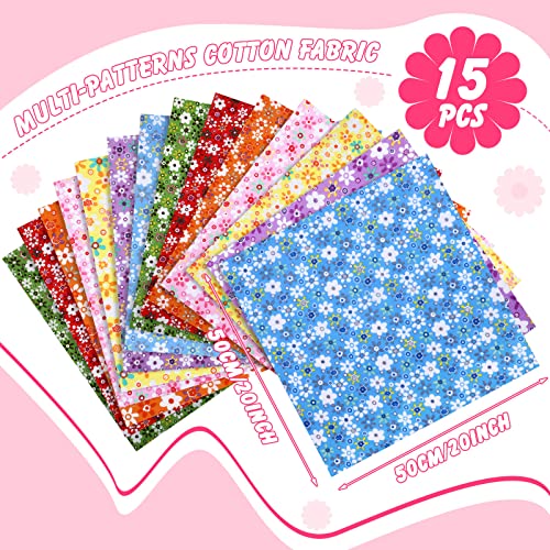 Kingdder 15 Pcs 20 x 20 Cotton Fabric Floral Square Quilting Patchwork Flower Fabric Fat Quarter Colorful Printed Square Patchwork Fat Bundles for DIY Crafts Cloths Handmade Supplies - style: Floral