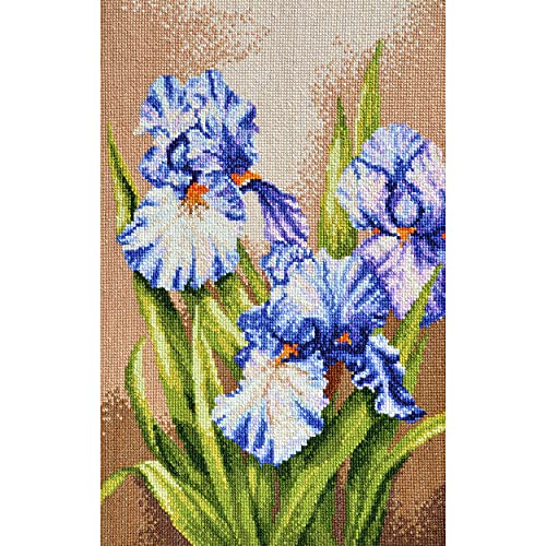 Povitrulya Counted Cross Stitch Kit ‘Purple Irises’ - DIY Hand Embroidery Set with Flower Paper Counted Pattern, Pre-Sorted Floss and 16 Count Aida Fabric - color: Purple Irises