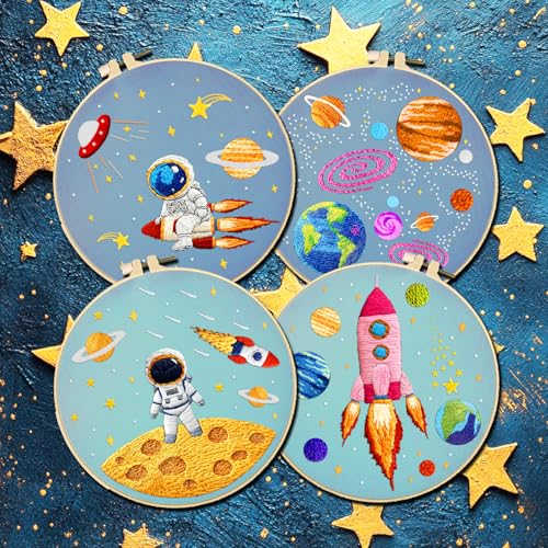 INFUNLY 4 Sets Astronaut Embroidery Kits for Beginners Space Cross Stitch Sets with Instructions Rockets Embroidery Starter Kits for Adults DIY Embroidery Needlepoint Kits Handmade Sewing Craft Sets - style: Space