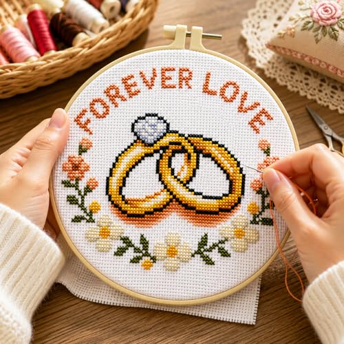 Zhenqing Forever Love Cross Stitch Kit with Wedding Rings, 11CT Printed 20x20cm for Beginners, Romantic Embroidery Set with 16cm Hoop(70837) - color: Forever Love