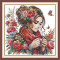 CrossNest 16CT Stamped Cross Stitch Kit for Beginners, HD Printed Complete DIY Embroidery Set with Pattern & Tools, Premium Aida Cloth & Threads (Flower Like Girl) - color: Pattern 08(High definition printing)