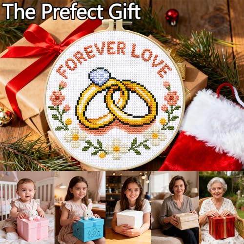 Zhenqing Forever Love Cross Stitch Kit with Wedding Rings, 11CT Printed 20x20cm for Beginners, Romantic Embroidery Set with 16cm Hoop(70837) - color: Forever Love