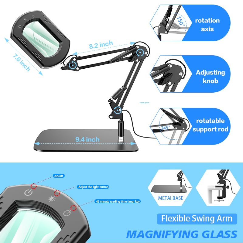 Magnifying Glass with Light and Stand, 15X Hands Free Lighted Magnifying Lamp with 5 Color Modes and Swing Arm, Dimmable LED Desk Magnifier for Crafts, Sewing, Reading, Jewelry, Soldering, Seniors