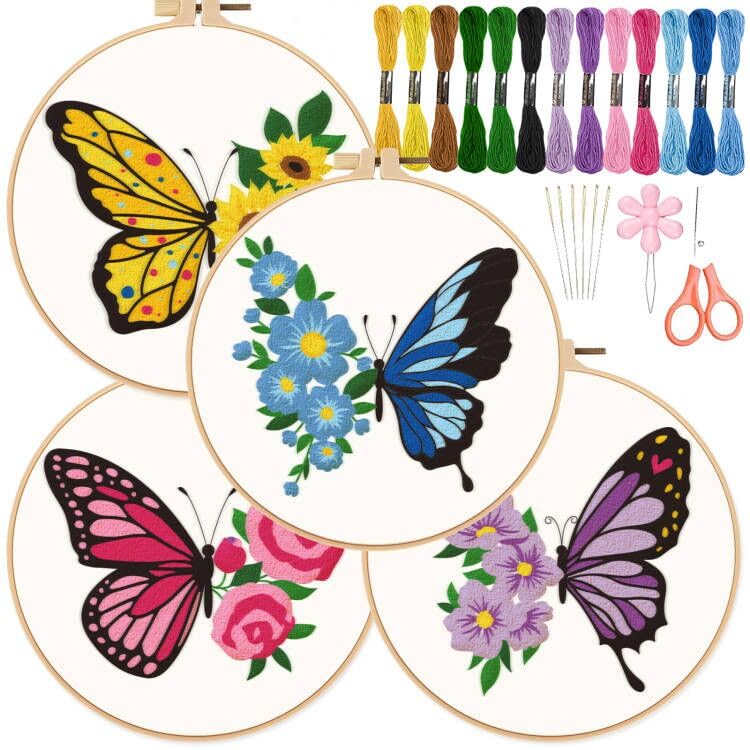 ORIGACH 4 Pack Flowers and Butterfly Embroidery Kits for Beginners, DIY Starter Hand Embroidery Kit with Floral and Butterfly Patterns and Instructions for Adults Women Crafting - color: Flowers and Butterfly
