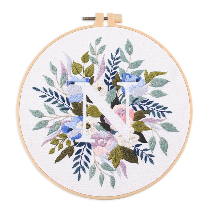 Amiiba Embroidery Starter Kit with Letter N Pattern, DIY Full Range Stamped Embroidery Cross Stitch Kits for Beginners Adults (Letter N) - color: Letter N