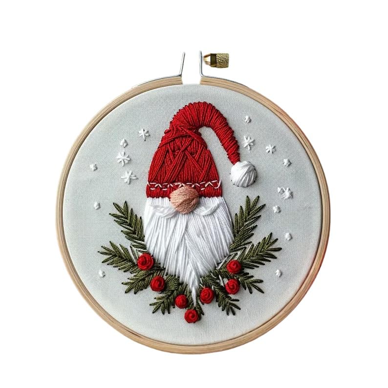 Christmas Embroidery Kit DIY Hand Embroidery Starter Cross Stitch Kits, Christmas Ornaments Embroidery with Stamped Pattern,Cotton,Threads,Needles,Instructions for Adults Beginners (Gnome 1) - color: Gnome 1