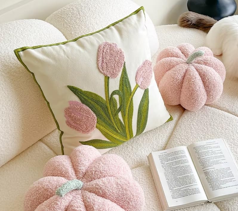 Embroidered Throw Pillow Covers 16x16 Pack of 2 Pink Tulip - color: Pink Tulip, size: 16" x 16" (Pack of 2)