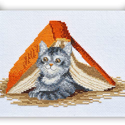 Counted Cross Stitch Kit 'Mischief Kitten' DIY Embroidery Set with Counted Gray Tabby Cat Pattern