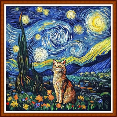 Redxing Counted Cross Stitch Kit for Beginners,Unprinted Needlepoint Kits for Beginners Cross Stitching Embroidery Kit 11CT Stitches kit-Van Gogh Starry Night Cat 18x18 inch - color: SetColor01