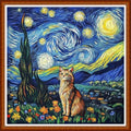 Redxing Counted Cross Stitch Kit for Beginners,Unprinted Needlepoint Kits for Beginners Cross Stitching Embroidery Kit 11CT Stitches kit-Van Gogh Starry Night Cat 18x18 inch - color: SetColor01