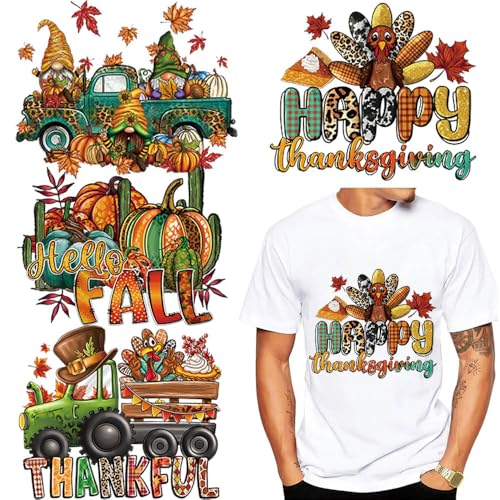 Fall Iron on Patches for Clothes, 4 PCS Thanksgiving Day Heat Transfer Vinyl Decals Maple Leaf Turkey Pumpkin Dwarf Design Iron on Transfer Stickers Happy Thanksgiving HTV Vinyl Iron on Appliques - color: B