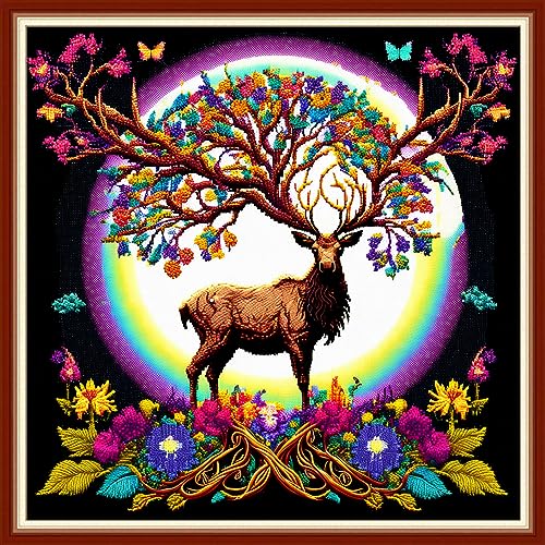 Dimensean Stamped Cross Stitch Kits Full Range of Embroidery Patterns Starter Kits for Beginners Adult DIY Cross Stitches Needlepoint Kits 11CT-Elk Moon 17.7x17.7 inch - color: Pattern Style 05
