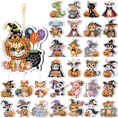 WILLBOND 30 Pcs Halloween Animal Diamond Art Painting Keychain Ornaments - color: Halloween Animal