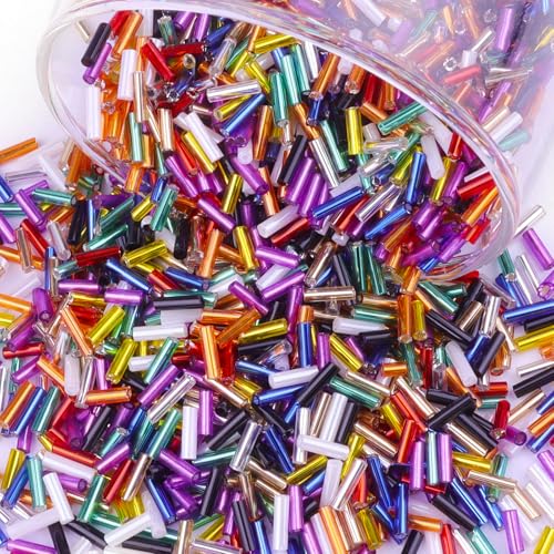 4000 Pcs Multicolor Glass Bugle Beads, 2 x 7 mm Embroidery Beads, Small Long Tube Seed Beads for Embroidery Craft Jewelry Making - color: Multicolor