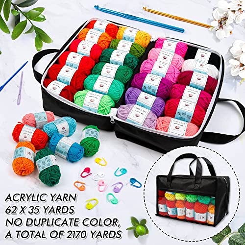 INSCRAFT 62 Acrylic Yarn Skeins, 2170 Yards Yarn for Knitting and Crochet, Includes 2 Crochet Hooks,2 Weaving Needles,10 Stitch Markers, Perfect Beginner Kit for for Adults Kids - color: black