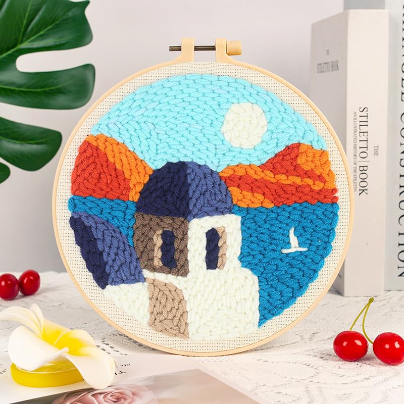 Castle Seaside Punch Needle Kit for Beginners, Crochet Kit for Adult, All-in-One DIY Craft Set with Pre-Printed Fabric, Embroidery Hoop, Threads, Tools, Ideal Craft Gift, Home Decor - color: SUN-CASTLE