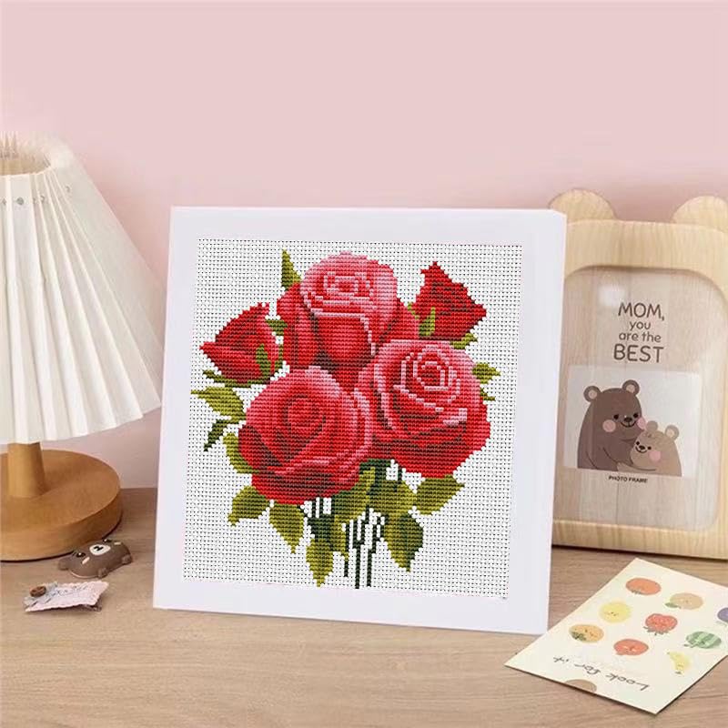 Red Roses Stamped Cross Stitch Kits for Adult Beginner with Wooden Frame - color: Rose Cross Stitch with Framed