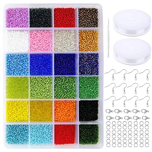 Glass Seed Beads Assorted Kit - Size 12/0 (2mm Tiny), 24 Multicolor Options (14,400pcs Total) with Organizer Box for Adult DIY Jewelry Making - color: 24 Colors Mix-Mixing Opaque and Transparent Colors