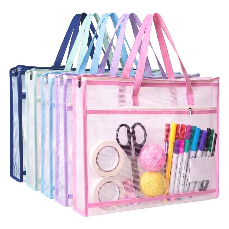 5 Pcs Project Bags for Quilting & Needlepoint - A3 Large Sewing Organizer Craft Storage with Handles, Clear Mesh Zipper Pouch for Embroidery, Cross Stitch, Crochet, WIP Projects & Artworks