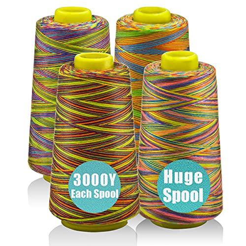 Rainbow Variegated Serger Thread, All-Purpose Thread for Sewing, Polyester, 4 Cones of 3000 Yards Each Spool for Sewing Machine - color: 4 Rainbow