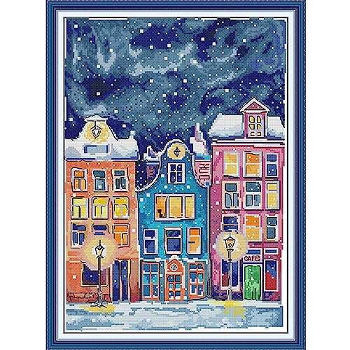 Howie's Needlepoint 14CT Pre-Printed Cross Stitch Kits,Embroidery Patterns Starter Kits,Needlepoint Kits (Colorful House,12.5 * 17 Inch) - color: Colorful House