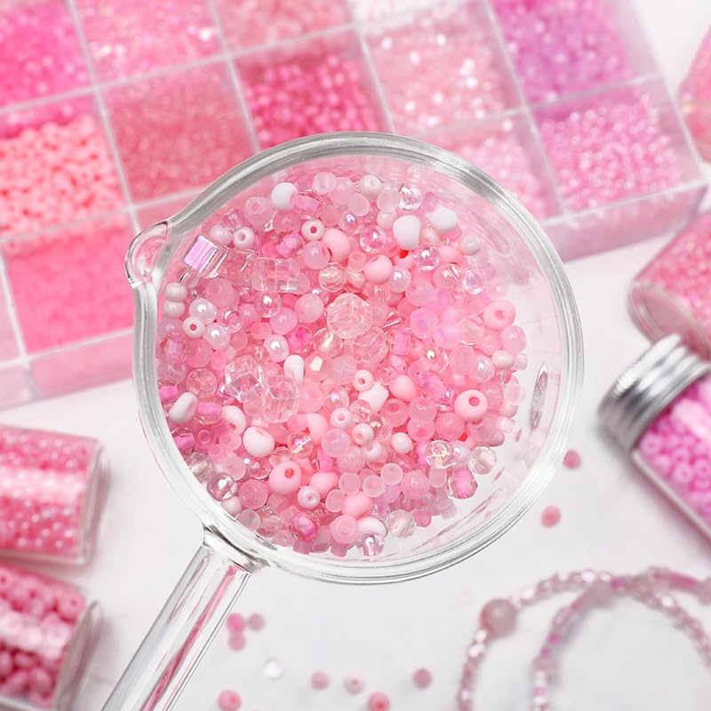24 Grid Pink Glass Seed Bugle Tube Beads Kit for Jewelry Making DIY Craft - color: pink, size: 24 Grid