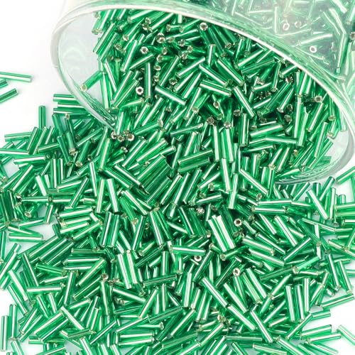 4000 Pcs Bright Green Glass Bugle Beads, 2 x 7 mm Embroidery Beads, Small Long Tube Seed Beads for Embroidery Craft Jewelry Making - color: Bright Green