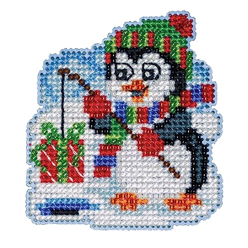 Mill Hill Fishing Penguin Beaded Counted Cross Stitch Ornament Kit 2023 Winter Holiday MH182336, 2.5" x 2.75", Multi